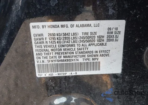 2019 Honda Pilot Touring z USA, uszkodzony, nr VIN 5FNYF6H66KB024174